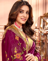 Vishal Prints Wine Designer Chiffon Saree With Embroidery Diamond Work And Fancy Border
