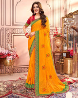 Vishal Prints Yellowish Orange Designer Chiffon Saree With Embroidery Diamond Work And Fancy Border