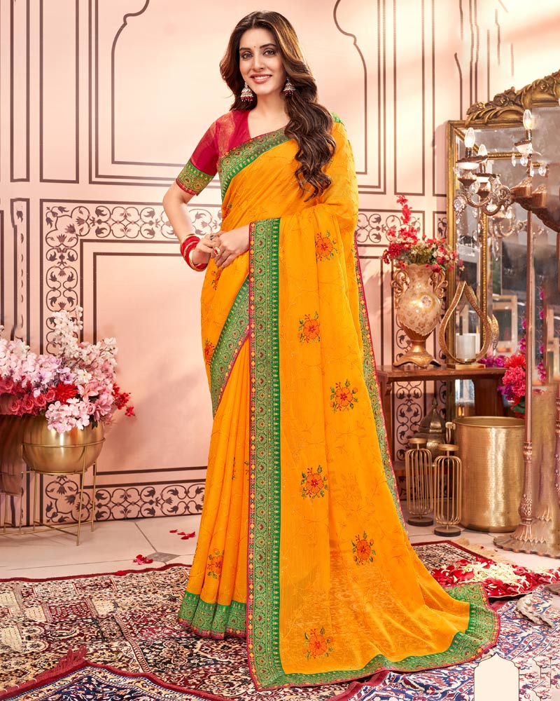 Vishal Prints Yellowish Orange Designer Chiffon Saree With Embroidery Diamond Work And Fancy Border