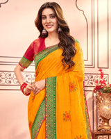 Vishal Prints Yellowish Orange Designer Chiffon Saree With Embroidery Diamond Work And Fancy Border
