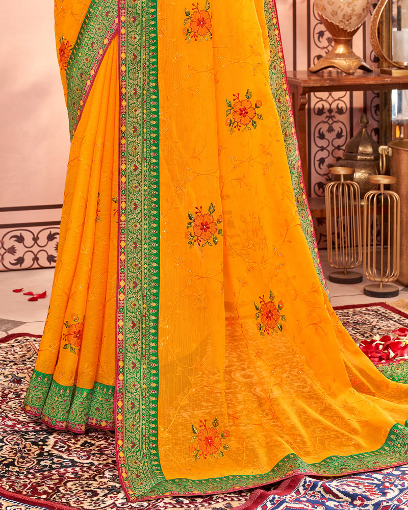 Vishal Prints Yellowish Orange Designer Chiffon Saree With Embroidery Diamond Work And Fancy Border