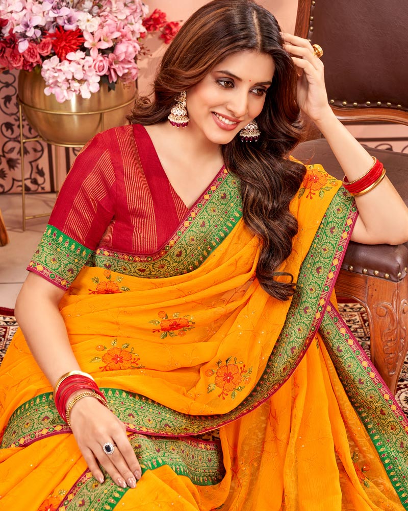 Vishal Prints Yellowish Orange Designer Chiffon Saree With Embroidery Diamond Work And Fancy Border