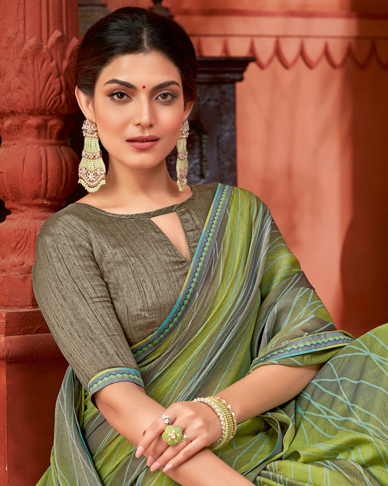 Vishal Prints Sandal Green Printed Brasso Saree With Fancy Border
