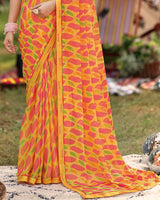Vishal Prints Yellowish Pink Printed Brasso Saree With Fancy Border
