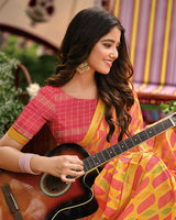 Vishal Prints Yellowish Pink Printed Brasso Saree With Fancy Border