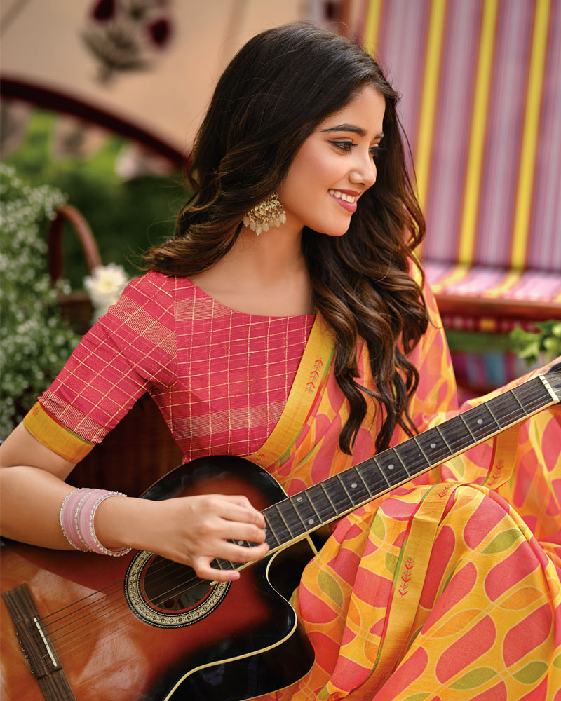 Vishal Prints Yellowish Pink Printed Brasso Saree With Fancy Border