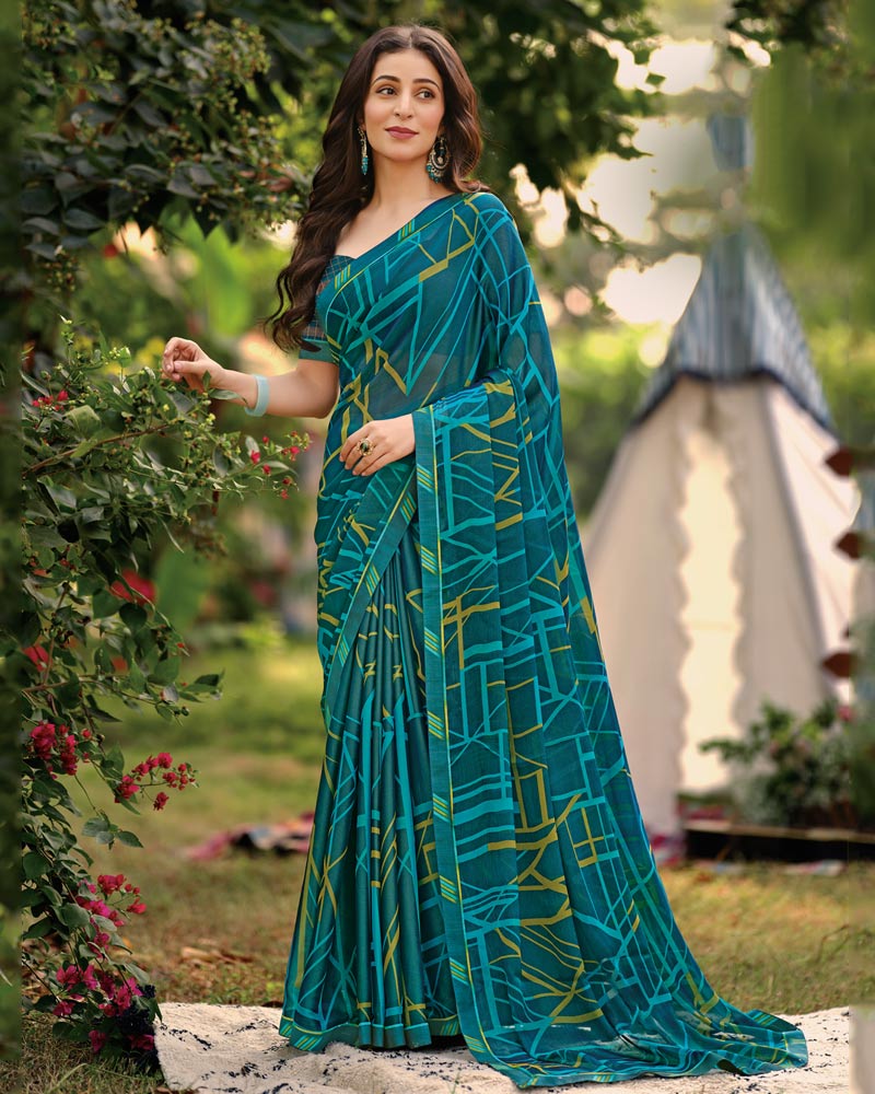Vishal Prints Dark Teal Blue Printed Brasso Saree With Fancy Border