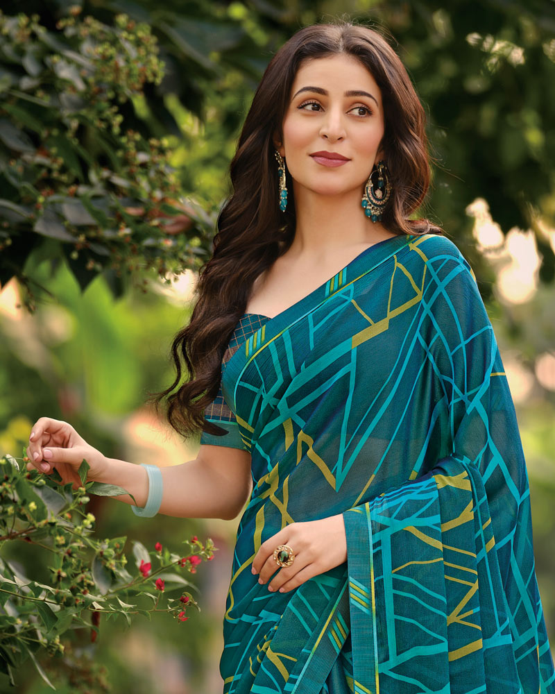 Vishal Prints Dark Teal Blue Printed Brasso Saree With Fancy Border