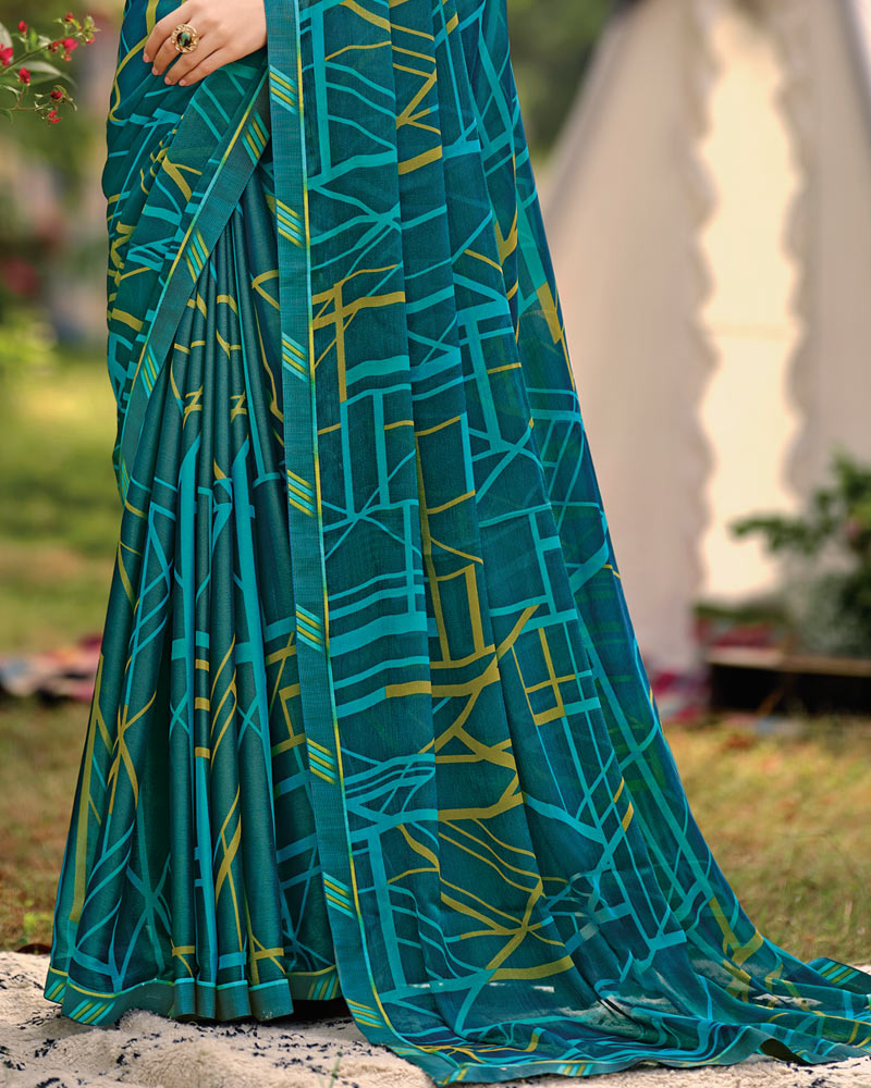 Vishal Prints Dark Teal Blue Printed Brasso Saree With Fancy Border