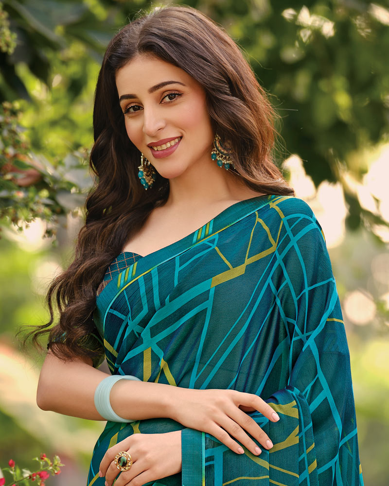 Vishal Prints Dark Teal Blue Printed Brasso Saree With Fancy Border