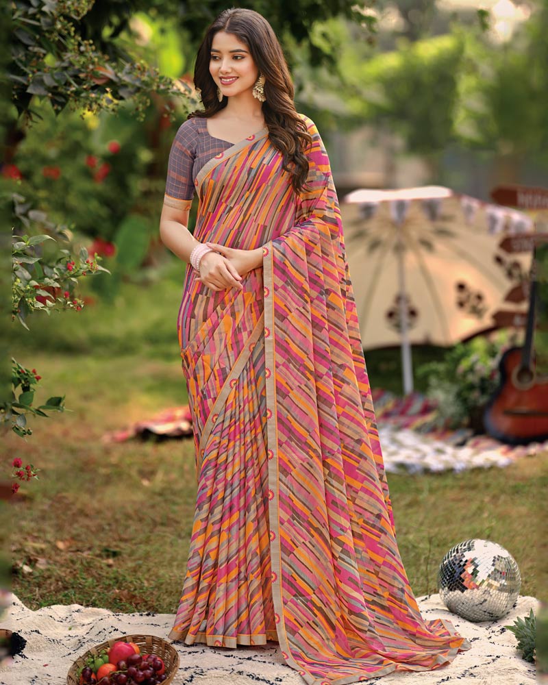 Vishal Prints Multi Colour Printed Brasso Saree With Fancy Border