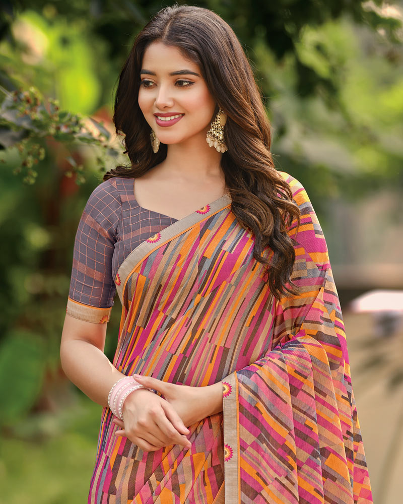 Vishal Prints Multi Colour Printed Brasso Saree With Fancy Border
