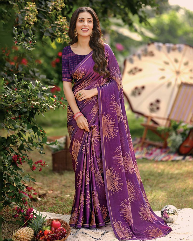 Vishal Prints Purple Printed Brasso Saree With Fancy Border