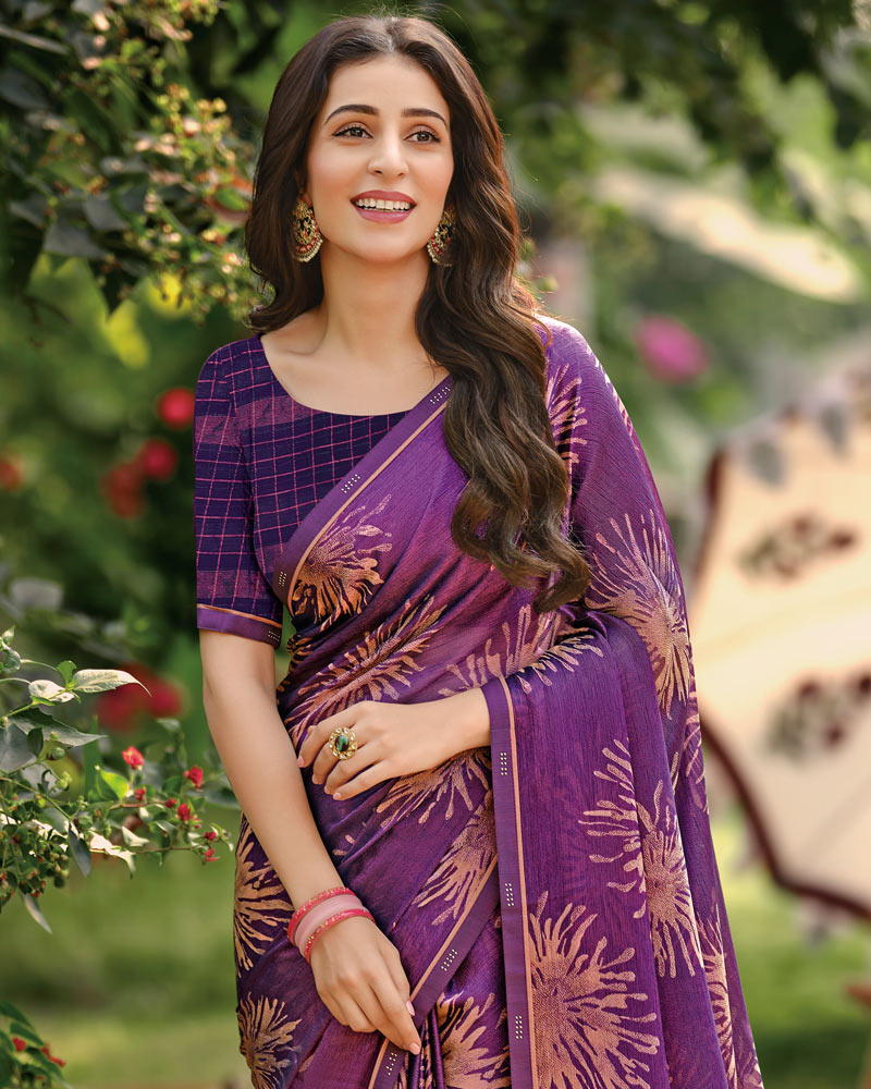 Vishal Prints Purple Printed Brasso Saree With Fancy Border
