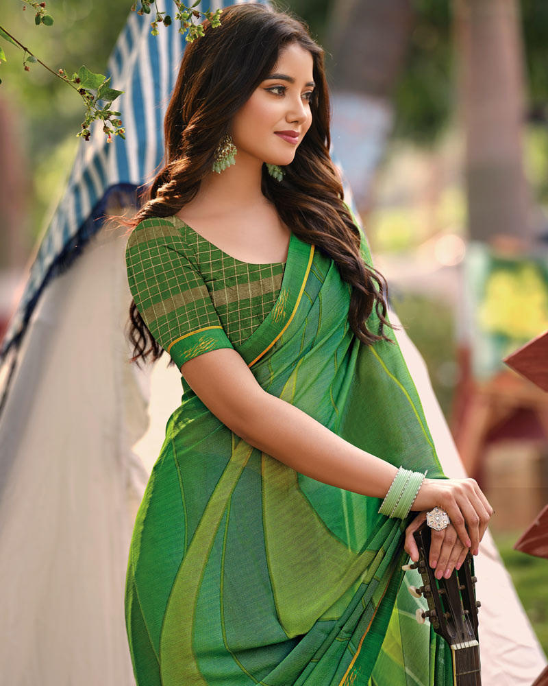Vishal Prints Forest Green Printed Brasso Saree With Fancy Border