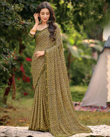 Vishal Prints Olive Green Printed Brasso Saree With Fancy Border