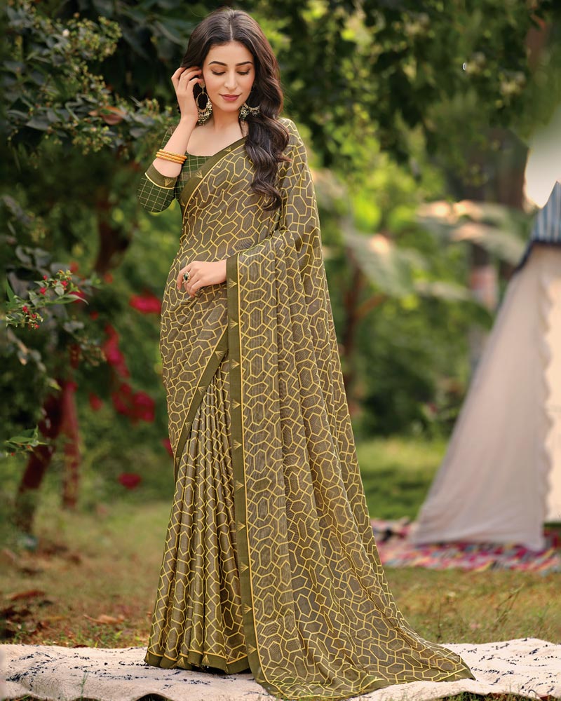 Vishal Prints Olive Green Printed Brasso Saree With Fancy Border