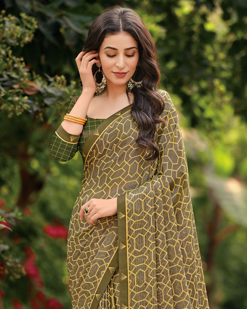 Vishal Prints Olive Green Printed Brasso Saree With Fancy Border
