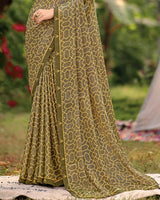 Vishal Prints Olive Green Printed Brasso Saree With Fancy Border