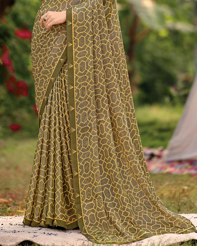Vishal Prints Olive Green Printed Brasso Saree With Fancy Border