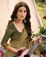 Vishal Prints Olive Green Printed Brasso Saree With Fancy Border