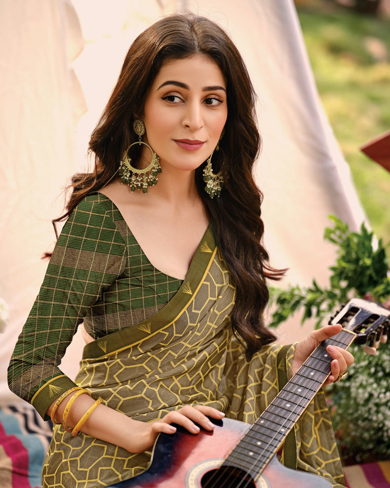 Vishal Prints Olive Green Printed Brasso Saree With Fancy Border