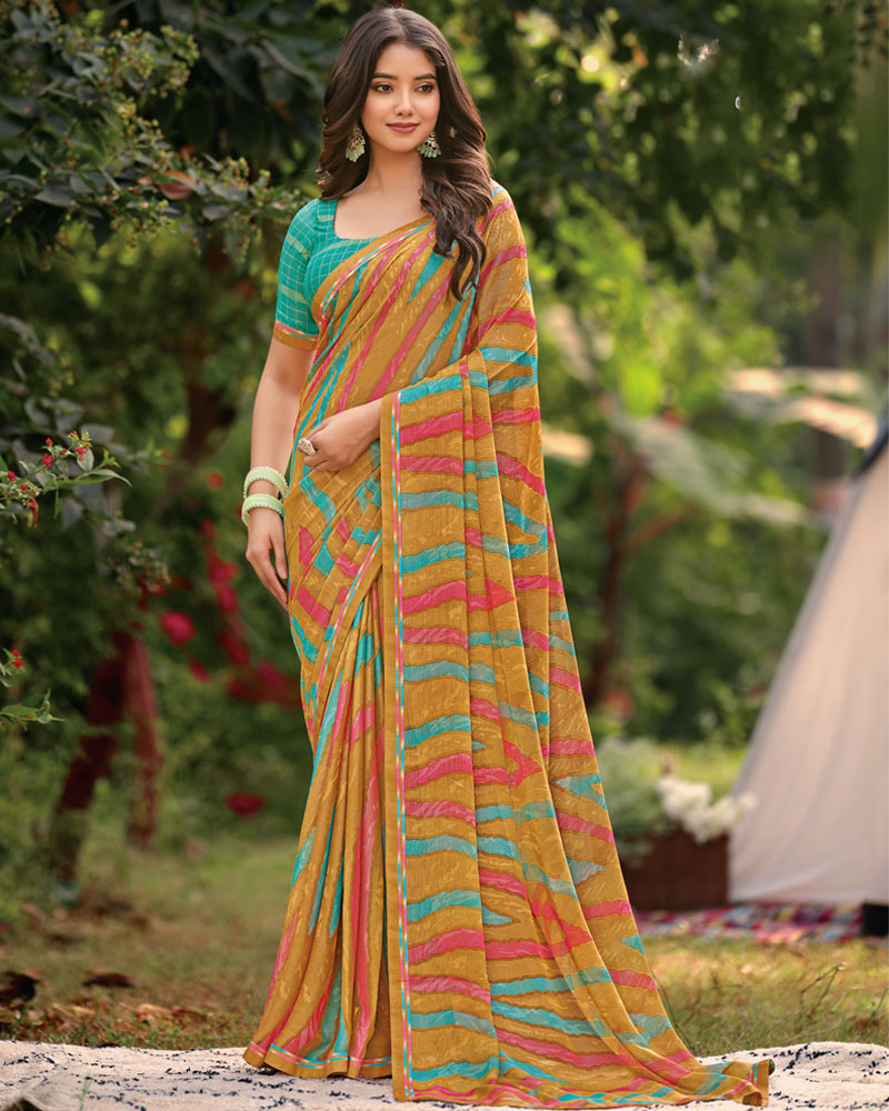 Vishal Prints Persian Orange Printed Brasso Saree With Fancy Border