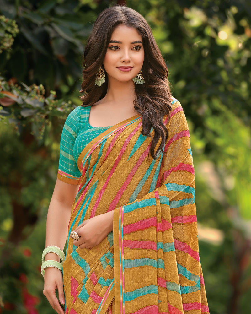 Vishal Prints Persian Orange Printed Brasso Saree With Fancy Border