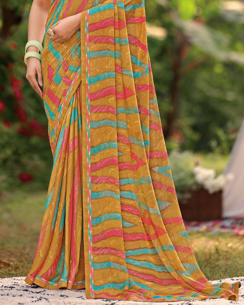 Vishal Prints Persian Orange Printed Brasso Saree With Fancy Border