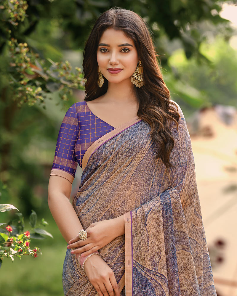 Vishal Prints Purplish Beige Printed Brasso Saree With Fancy Border