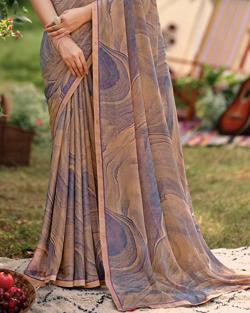 Vishal Prints Purplish Beige Printed Brasso Saree With Fancy Border
