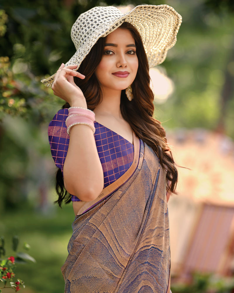 Vishal Prints Purplish Beige Printed Brasso Saree With Fancy Border