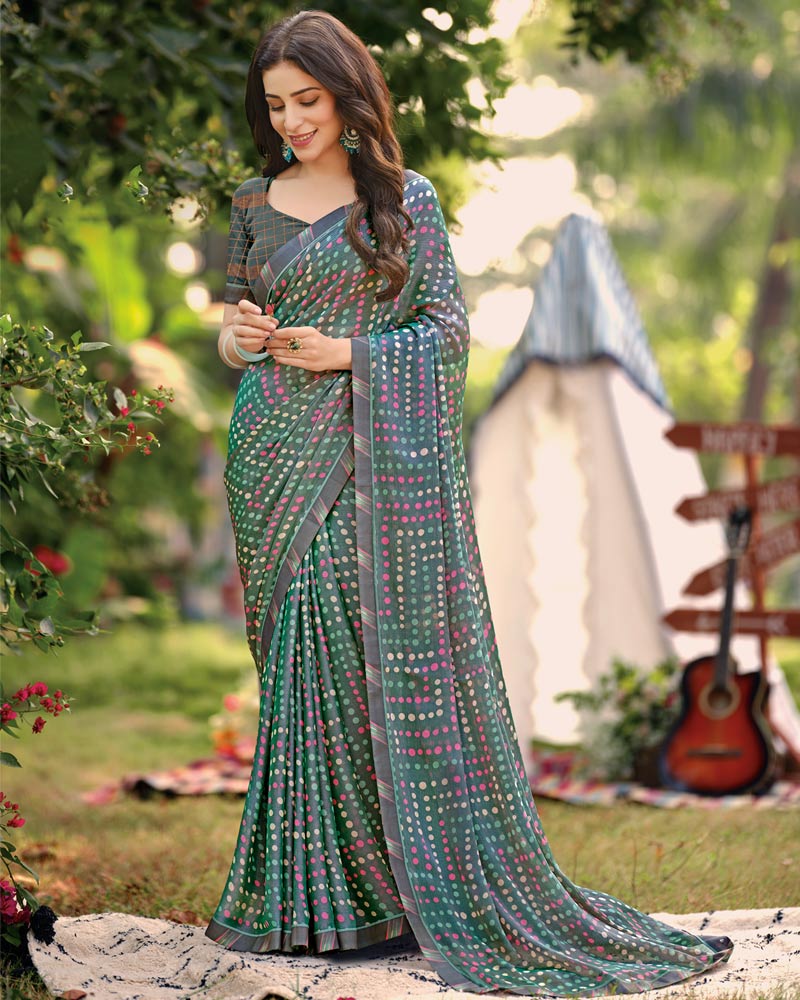 Vishal Prints Grey Printed Brasso Saree With Fancy Border