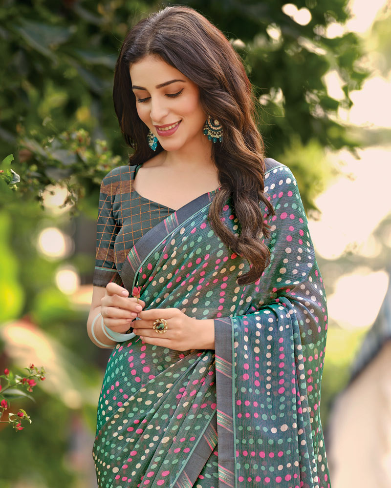 Vishal Prints Grey Printed Brasso Saree With Fancy Border