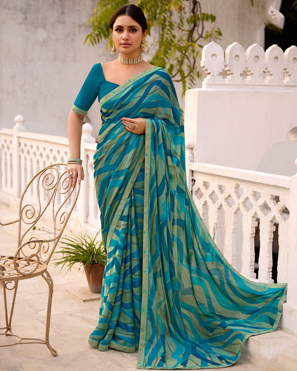 Vishal Prints Green Blue Printed Brasso Saree With Fancy Border