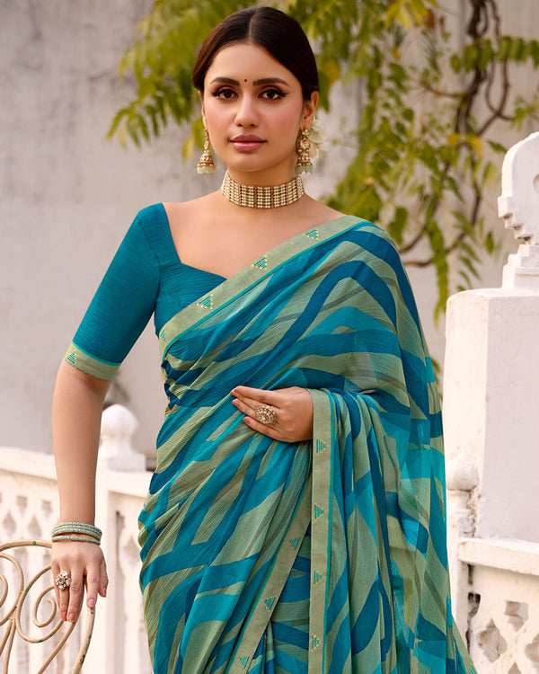 Vishal Prints Green Blue Printed Brasso Saree With Fancy Border
