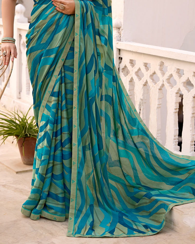 Vishal Prints Green Blue Printed Brasso Saree With Fancy Border