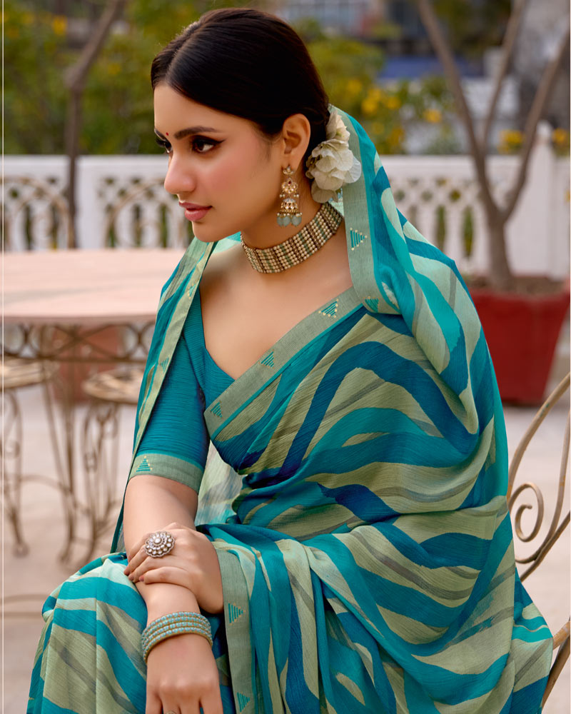 Vishal Prints Green Blue Printed Brasso Saree With Fancy Border