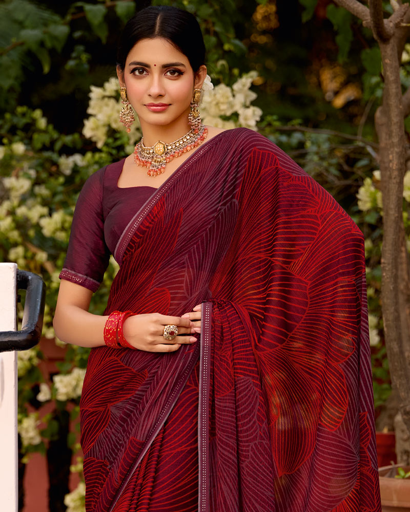 Vishal Prints Maroon Printed Brasso Saree With Fancy Border