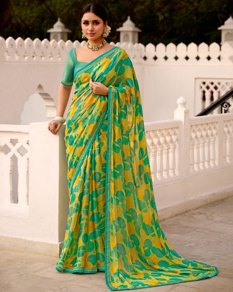 Vishal Prints Yellow Green Printed Brasso Saree With Fancy Border
