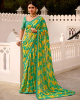 Vishal Prints Yellow Green Printed Brasso Saree With Fancy Border