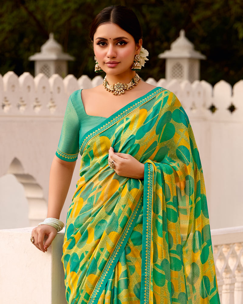 Vishal Prints Yellow Green Printed Brasso Saree With Fancy Border