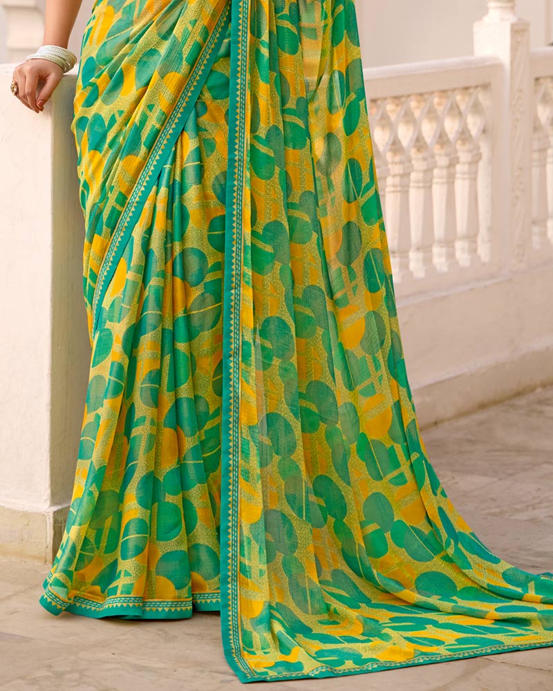 Vishal Prints Yellow Green Printed Brasso Saree With Fancy Border