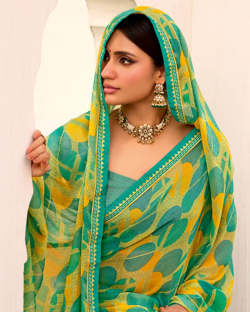 Vishal Prints Yellow Green Printed Brasso Saree With Fancy Border