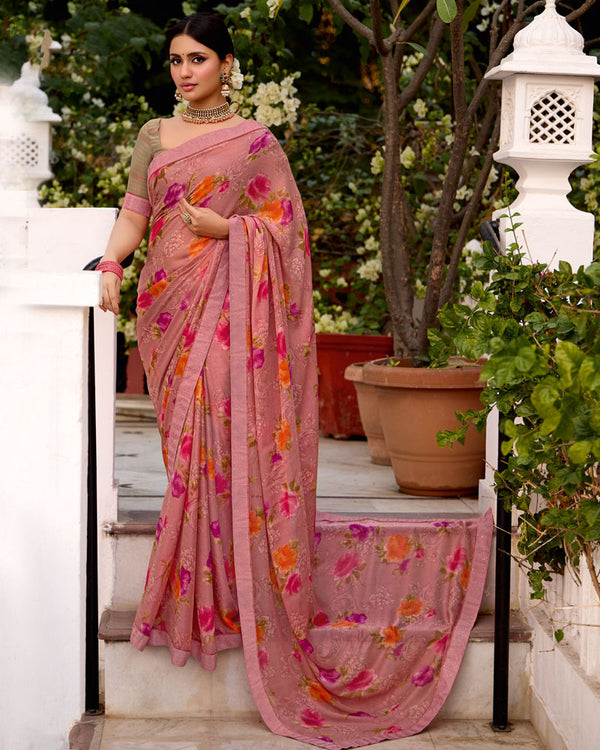 Vishal Prints Dusty Pink Printed Brasso Saree With Fancy Border