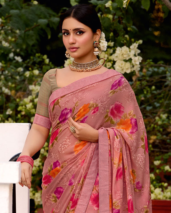 Vishal Prints Dusty Pink Printed Brasso Saree With Fancy Border