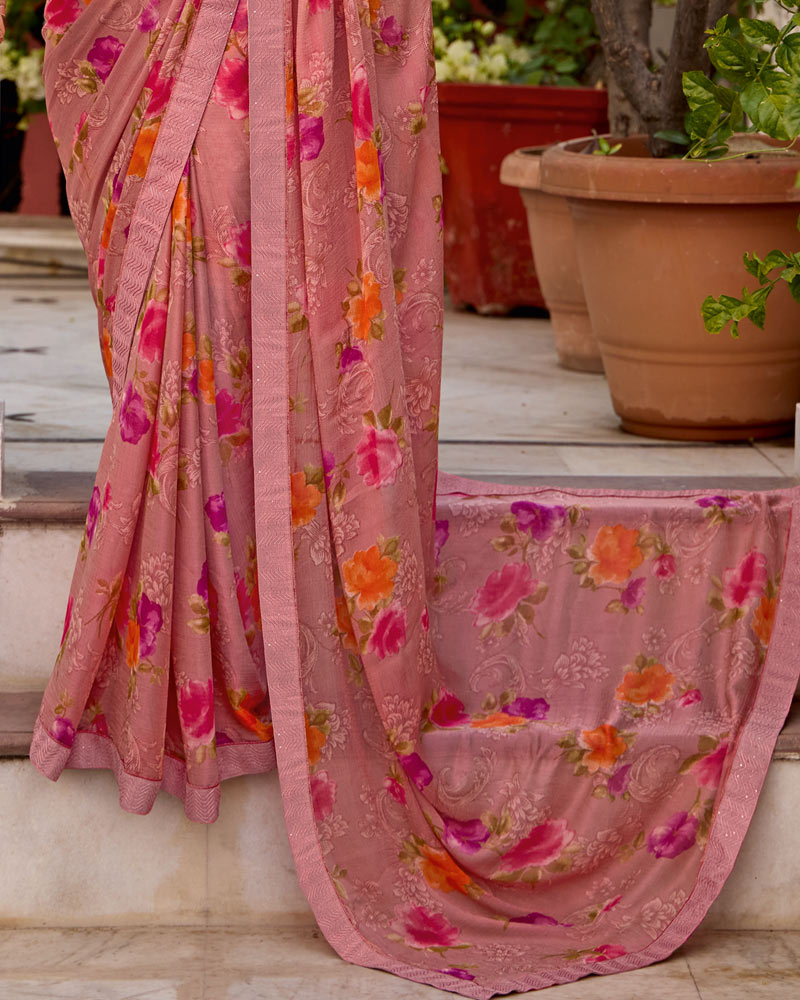 Vishal Prints Dusty Pink Printed Brasso Saree With Fancy Border