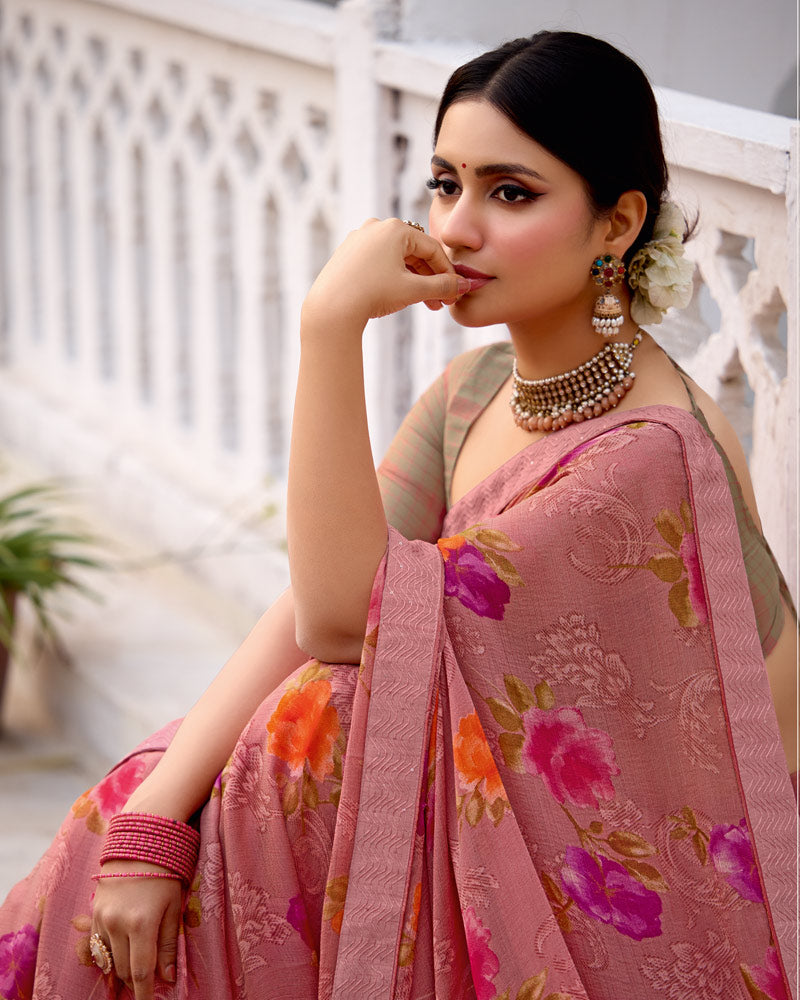 Vishal Prints Dusty Pink Printed Brasso Saree With Fancy Border