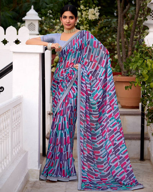 Vishal Prints Light Lavender Printed Brasso Saree With Fancy Border