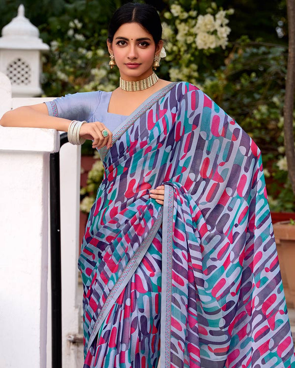 Vishal Prints Light Lavender Printed Brasso Saree With Fancy Border